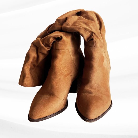 Report Tariq Tall Shaft Faux Suede Bootie Tan Block Heel Slip On/Pull Tab Size 9 - Picture 3 of 16